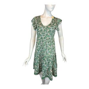 Max Studio Sz Small Floral Green Print Tiered Dress Flutter Sleeves 1902J59 NWT